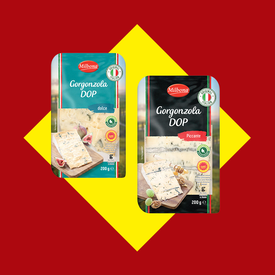 Milbona Gorgonzola DOP dolce i piccante sirevi na crveno-žutoj pozadini.