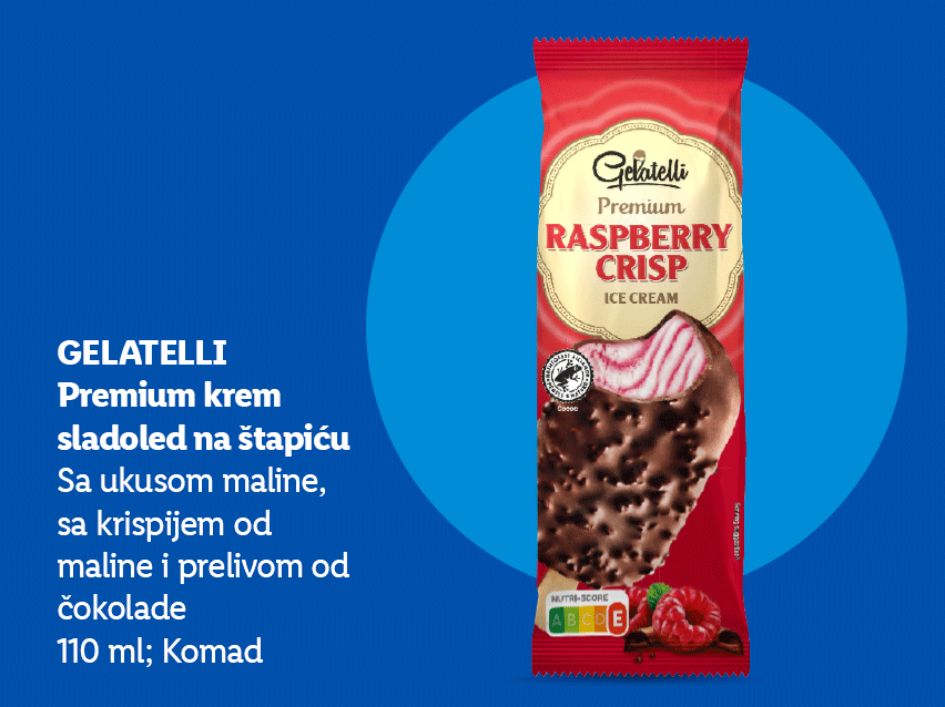 Sladoled na štapiću sa ukusom maline, krispijem od maline i prelivom od čokolade, 110 ml.