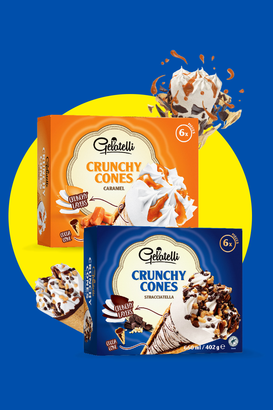 Dve kutije sladoleda u kornetu, karamela i stracciatella, sa prikazanim slojevima i prelivima.