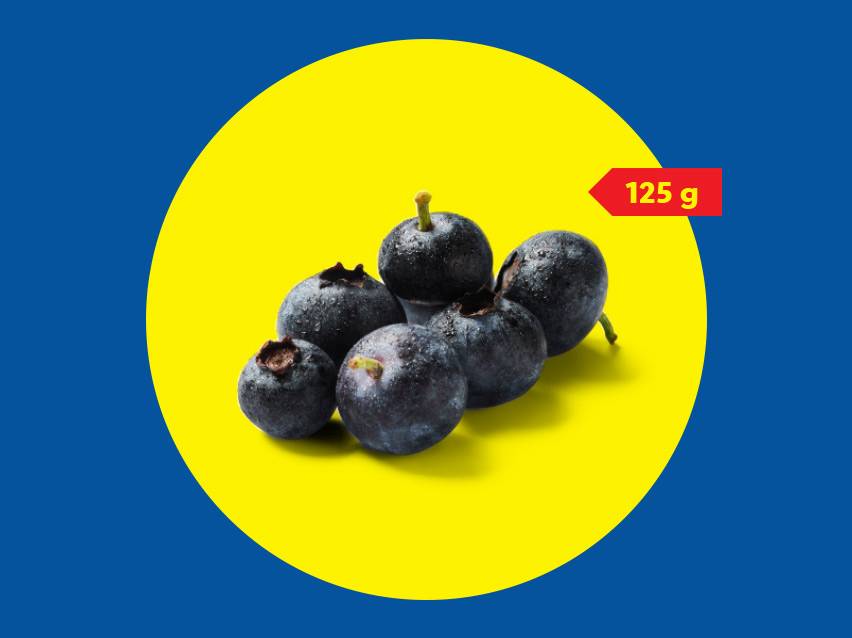 Borovnice u žutom krugu na plavoj pozadini, sa oznakom 125 g.