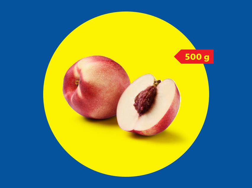 Nektarine, jedna cela i jedna prepolovljena sa košticom, na žutom krugu, 500 g.
