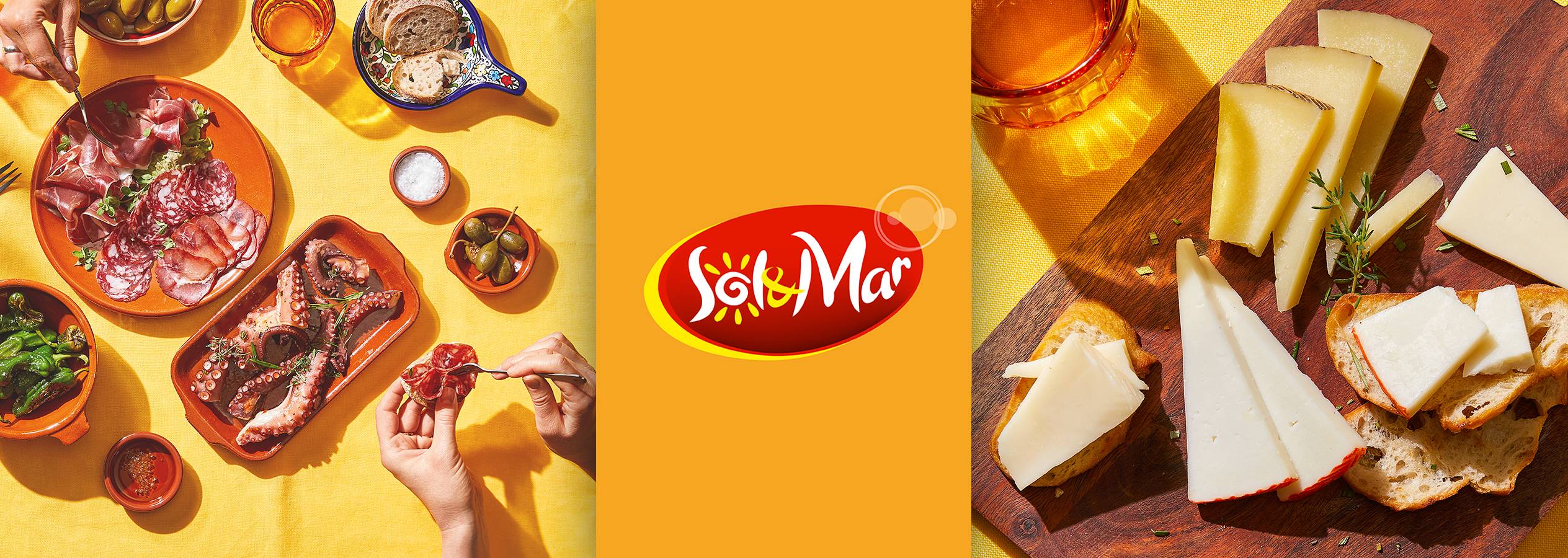 Španski tapasi sa mesom, morskim plodovima i sirom, sa logom Sol & Mar.