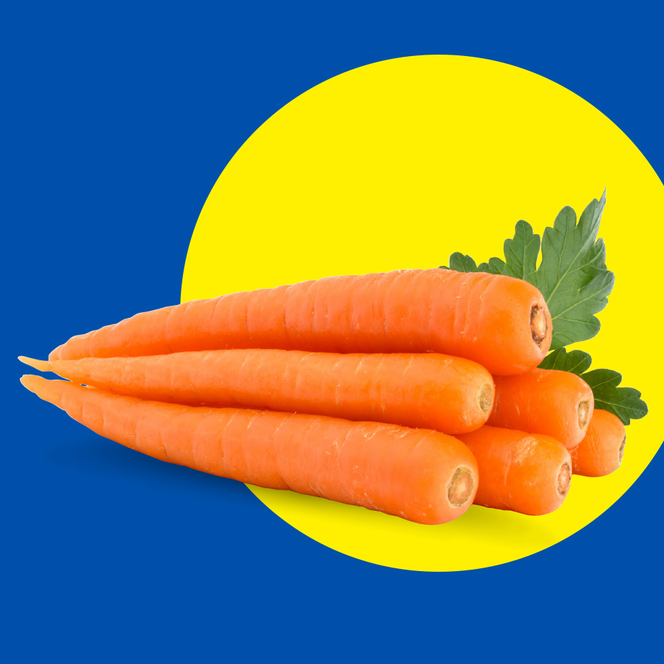 Sveže šargarepe sa zelenim lišćem na žutom krugu i plavoj pozadini.