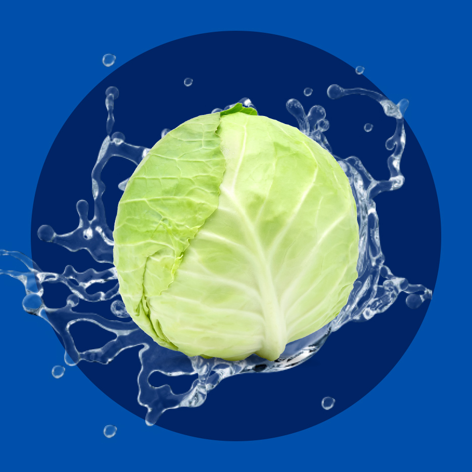 Kupus sa prskanjem vode na plavoj pozadini.