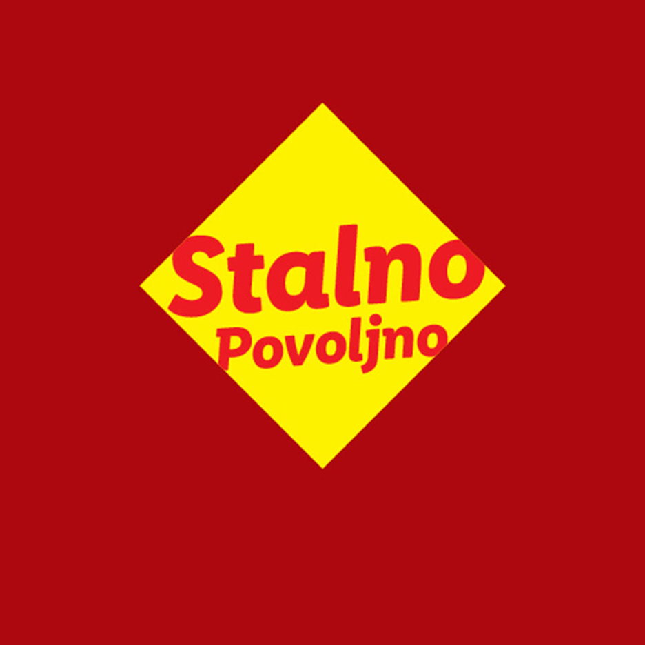 Žuti romb sa crvenim tekstom 'Stalno Povoljno' na crvenoj pozadini.