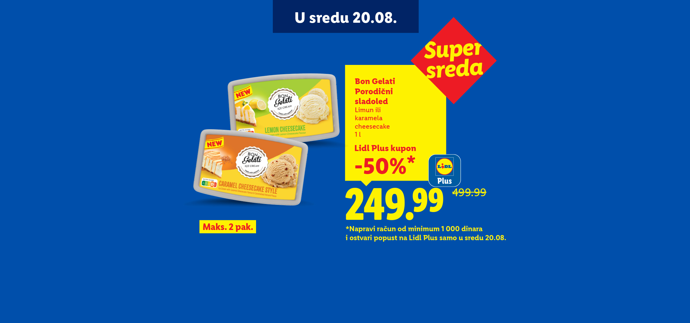 Reklama za Bon Gelati porodični sladoled sa ukusom limun čizkejka i karamel čizkejka.