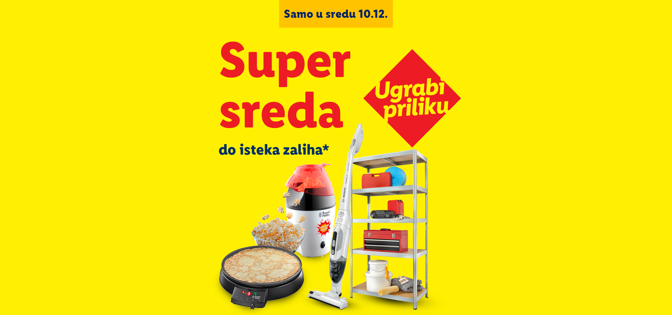 Super sreda: Popcorn aparat, aparat za palačinke, usisivač i metalne police.