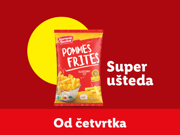 Pakovanje Harvest Basket pomfrita sa tekstom 'Super ušteda' i 'Od četvrtka'.