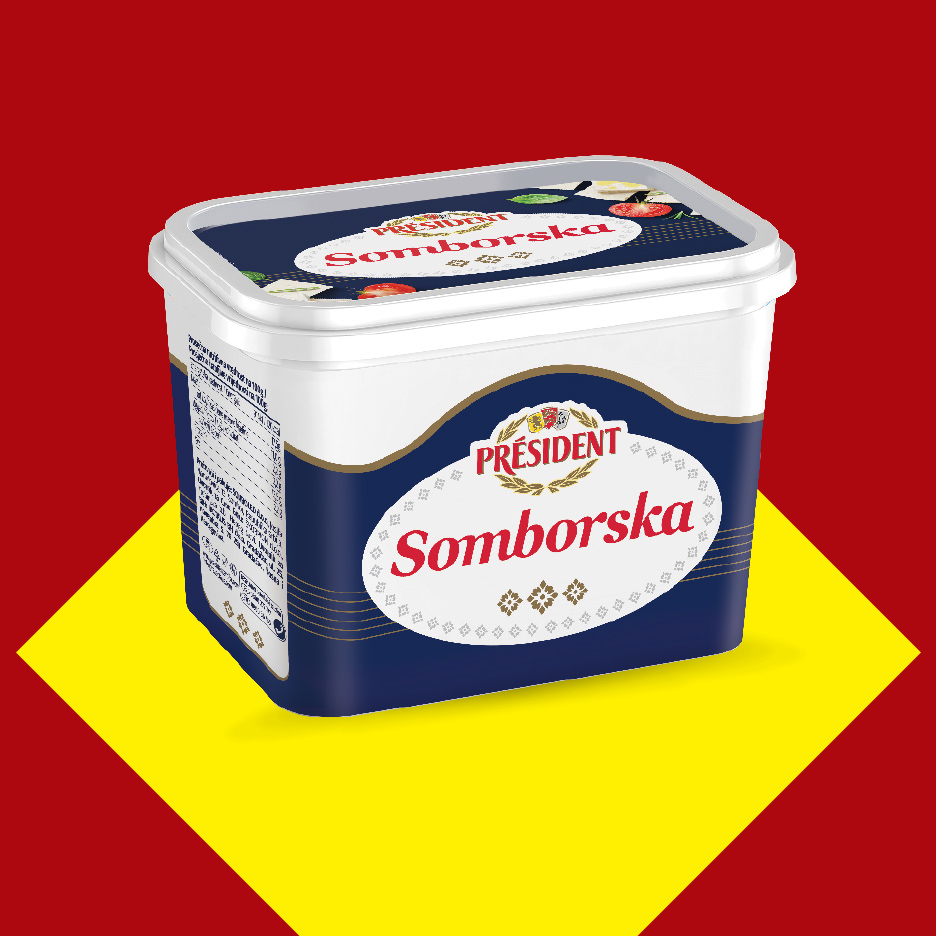 Pakovanje sira Somborac na crveno-žutoj pozadini.