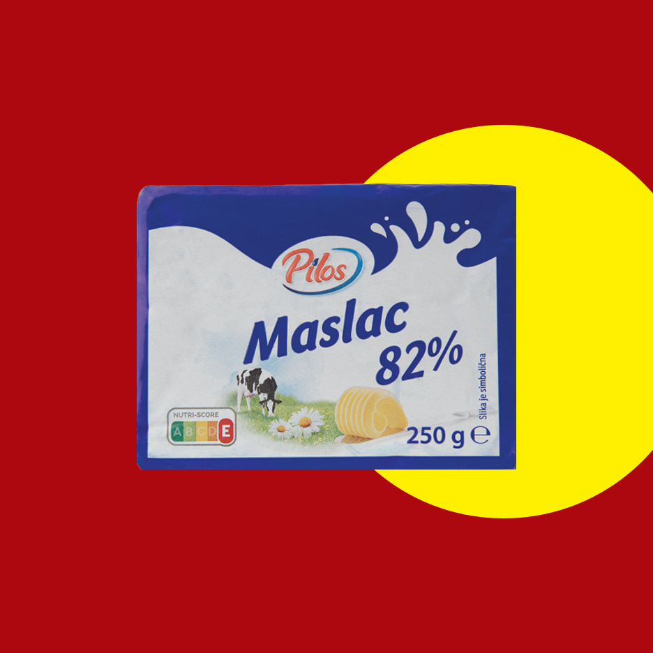 Pilos Maslac 82% u pakovanju od 250g sa Nutri-Score ocenom E.