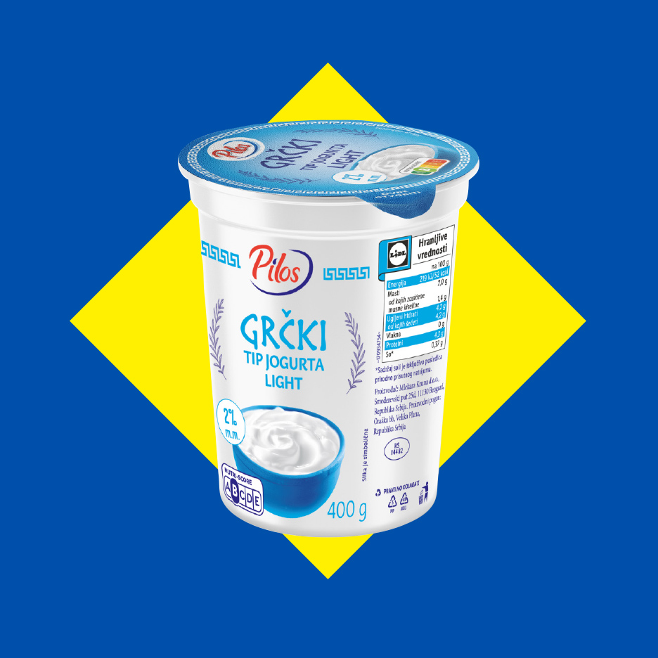 Pilos Grčki tip jogurta Light, 400g, na plavo-žutoj pozadini