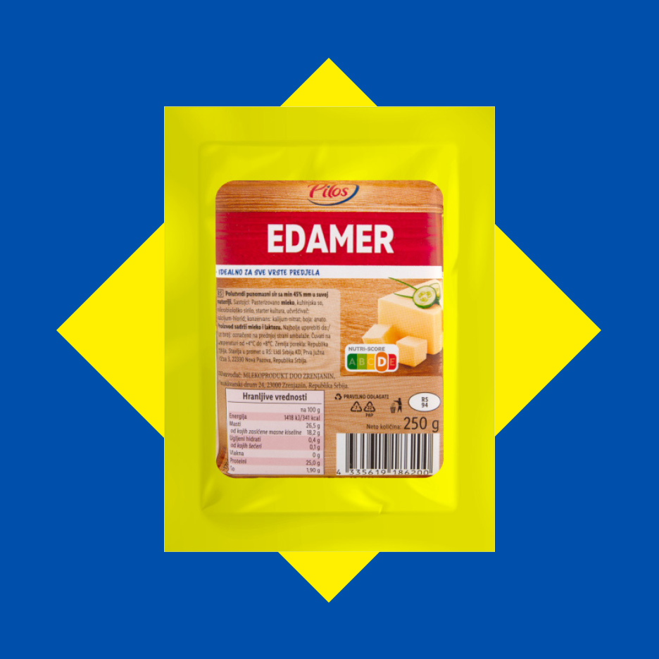 Pilos Edamer sir u pakovanju od 250g sa Nutri-Score ocenom D.