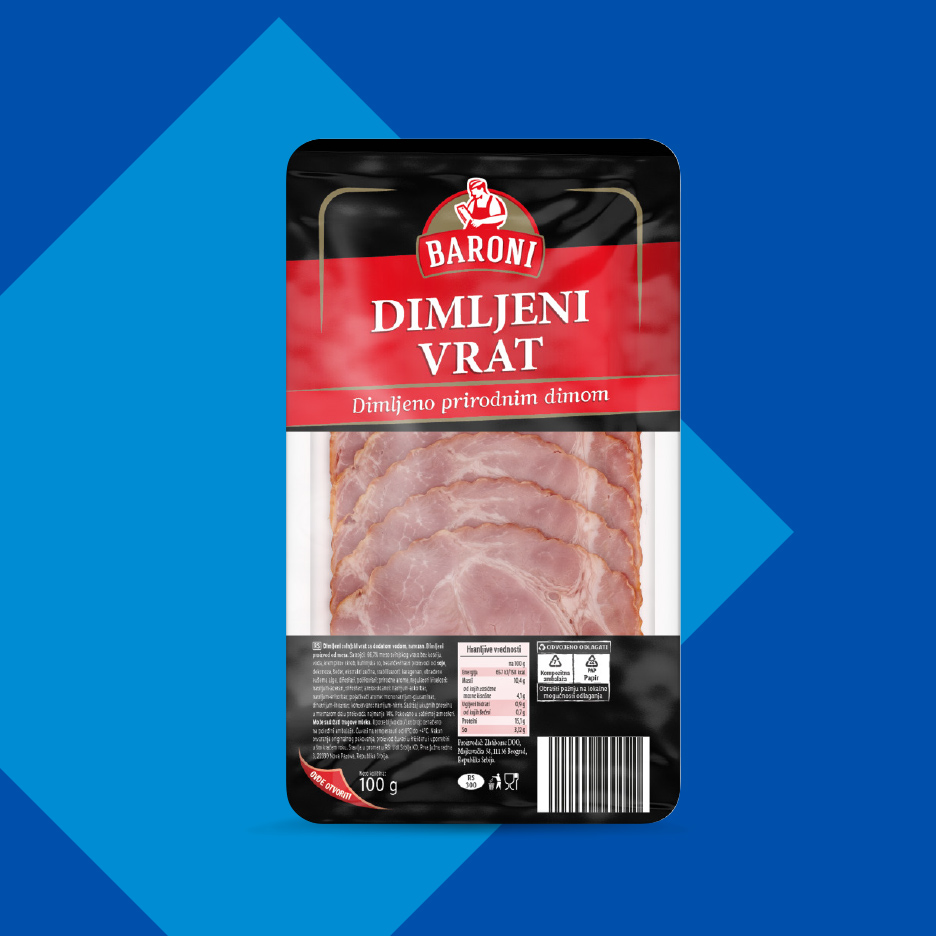 Pakovanje dimljene svinjske vratine, dimljeno prirodnim dimom, 100g.