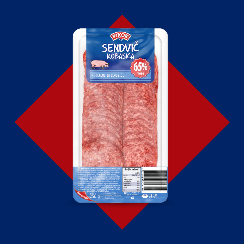 Pakovanje sendvič kobasice sa 65% mesa, idealne za sendviče, težine 250g.