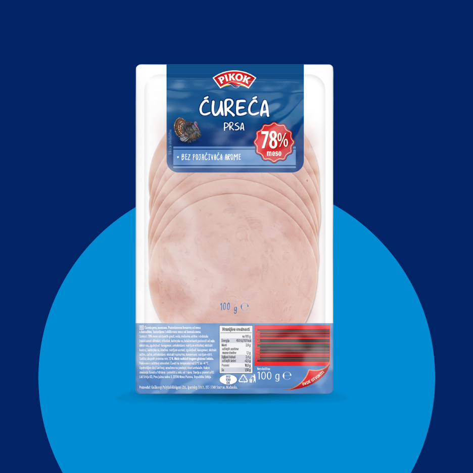 Pakovanje narezanih ćurećih prsa sa 78% mesa, bez pojačivača arome, 100g.