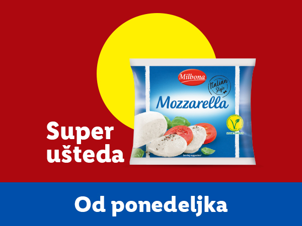 Pakovanje Milbona mocarele sa natpisom 'Super ušteda' i 'Od ponedeljka'.