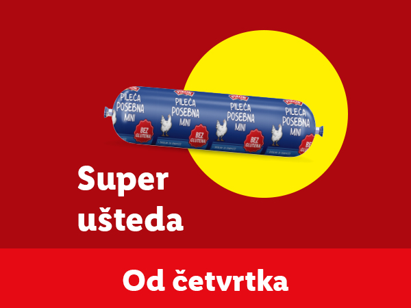 Reklama za pileću posebnu mini kobasicu sa natpisima „Super ušteda“ i „Od četvrtka“.
