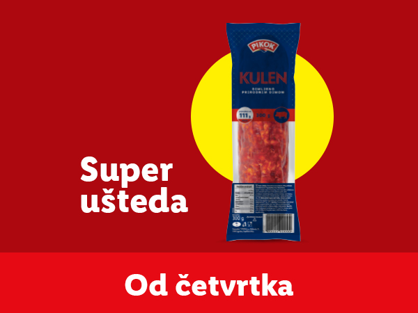 Pakovanje Pikok kulena na crvenoj pozadini sa natpisom „Super ušteda“ i „Od četvrtka“.