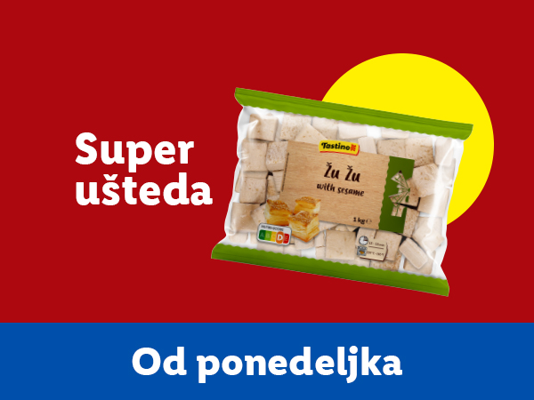 Pakovanje Tastino Žu Žu sa susamom i tekstom „Super ušteda“ i „Od ponedeljka“.