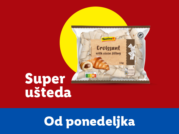 Pakovanje smrznutih kroasana sa kakao punjenjem, sa natpisom 'Super ušteda' i 'Od ponedeljka'.