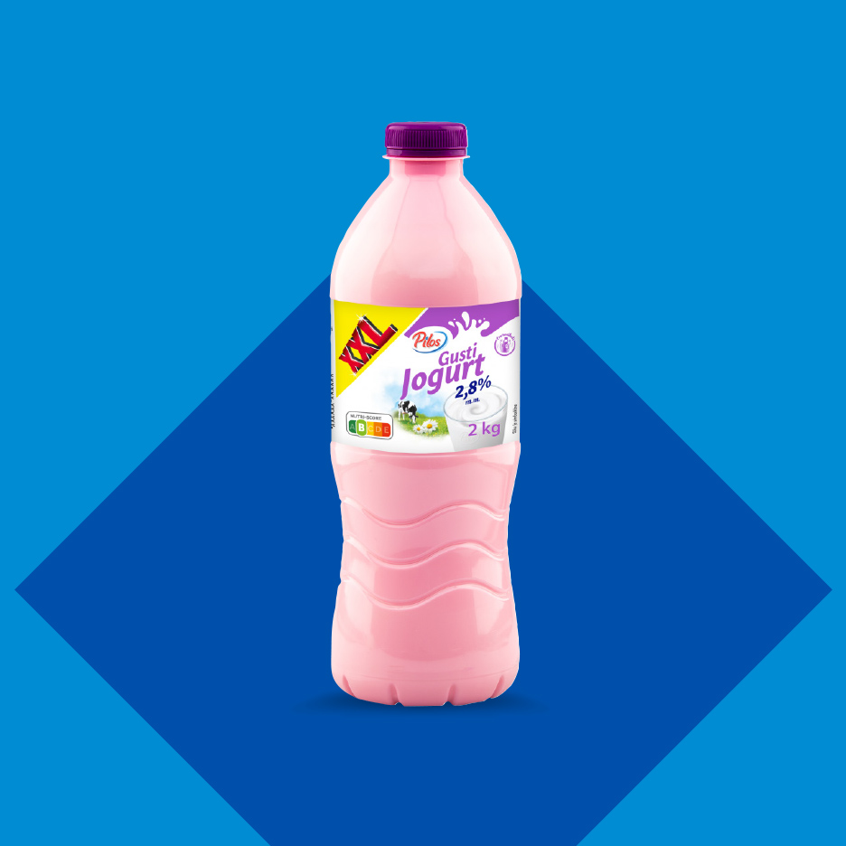 Velika boca roze jogurta od 2,8% masti, 2 kg, sa Nutri-Score oznakom.