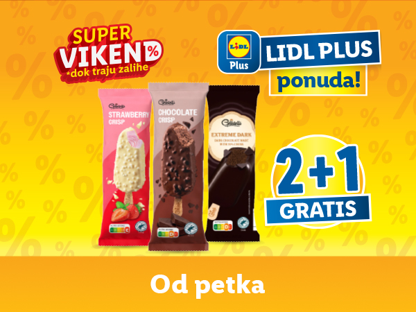 Lidl Plus ponuda: 2+1 gratis na Glice sladolede (jagoda, čokolada, tamna čokolada).