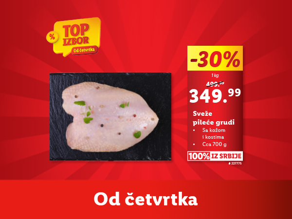 Akcija: Sveže pileće grudi sa kožom i kostima (cca 700g), -30%.