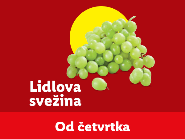 Zeleno grožđe na crvenoj pozadini sa žutim krugom i tekstom 'Lidlova svežina' i 'Od četvrtka'.
