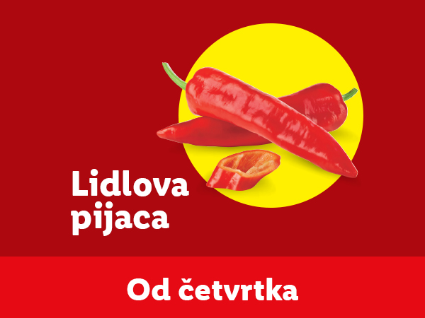 Crvene čili papričice na žutom krugu sa natpisom 'Lidlovo pijaca' i 'Od četvrtka'.