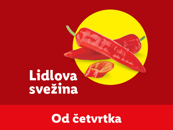 Crvene čili papričice na žutom krugu sa tekstom 'Lidlovo svežina' i 'Od četvrtka'.