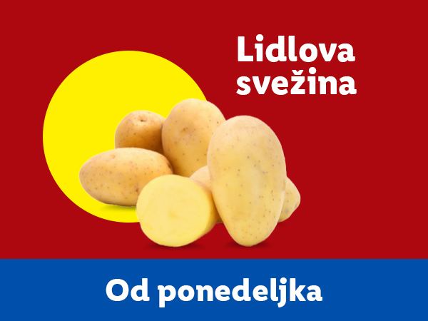 Lidlova svežina: gomila krompira na crvenoj pozadini sa žutim krugom i tekstom „Od ponedeljka“.