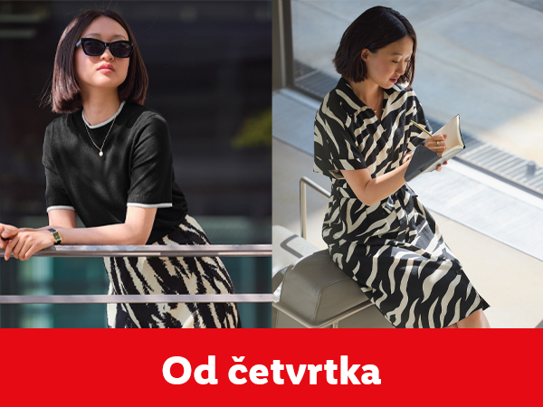 Žena u crno-beloj odeći sa zebrastim dezenom, jedna nosi naočare za sunce.