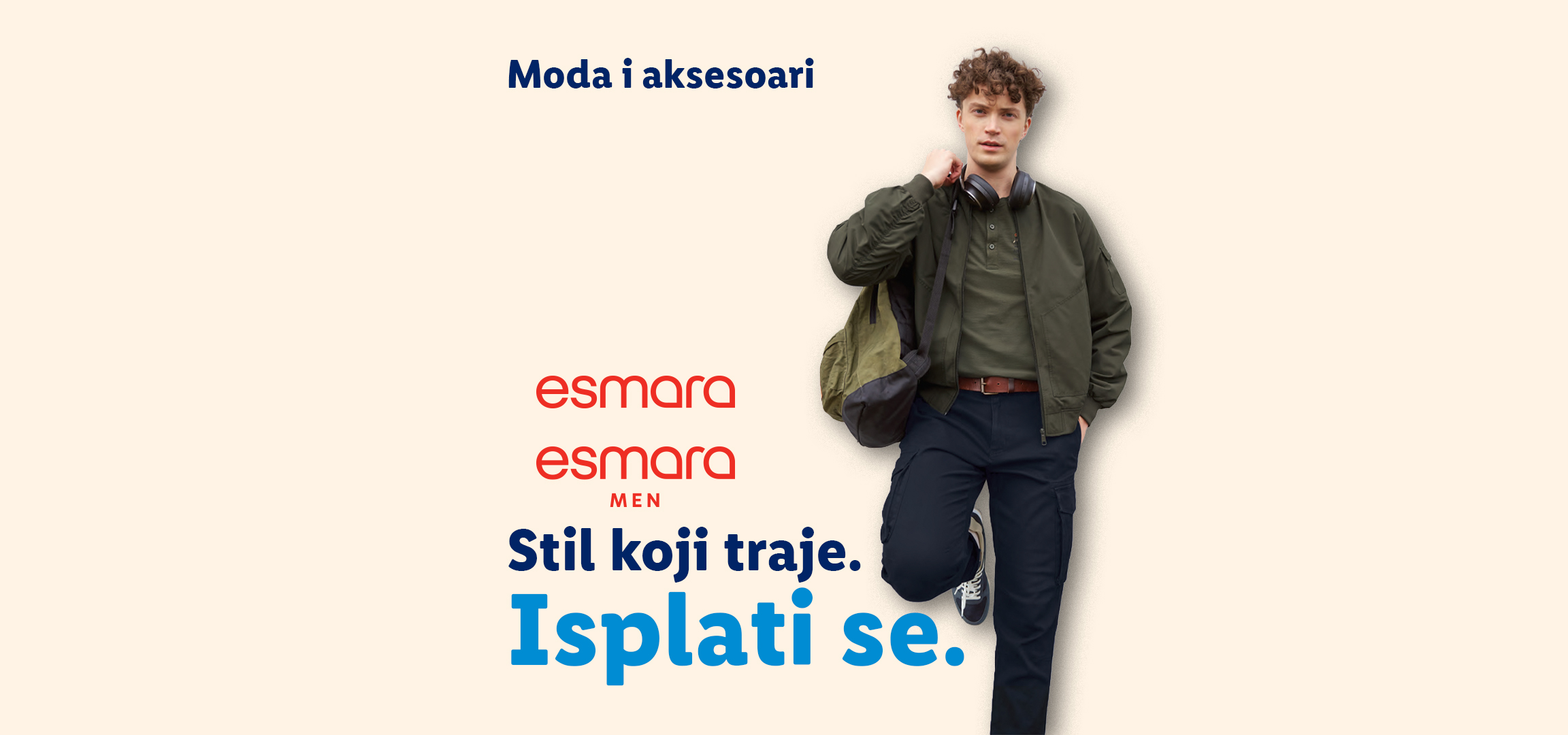 Muška i ženska odeća i modni dodaci: sat, slušalice, majice, pantalone. Tekst: Moda i aksesoari. Stil koji traje. Isplati se.