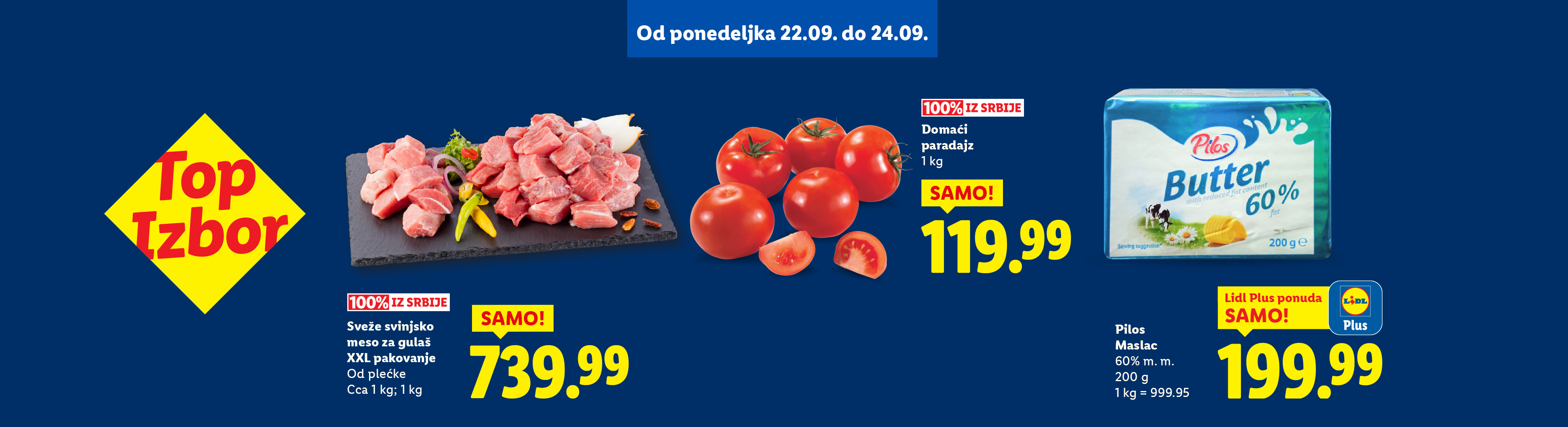 Reklama za sveže svinjsko meso, paradajz i Pilos puter sa cenama i popustima.