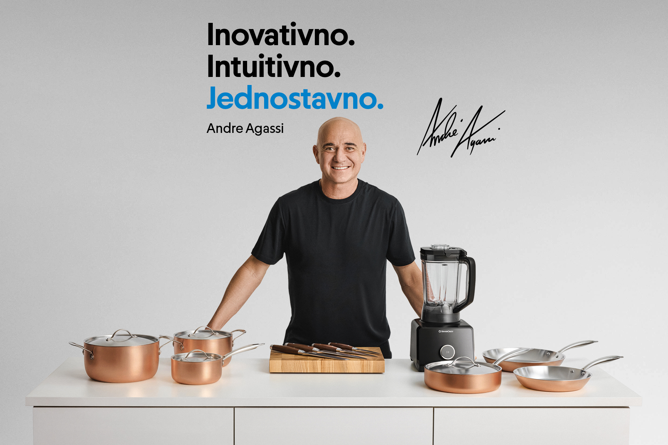 Andre Agasi predstavlja posuđe i kuhinjske aparate uz slogan Inovativno. Intuitivno. Jednostavno.