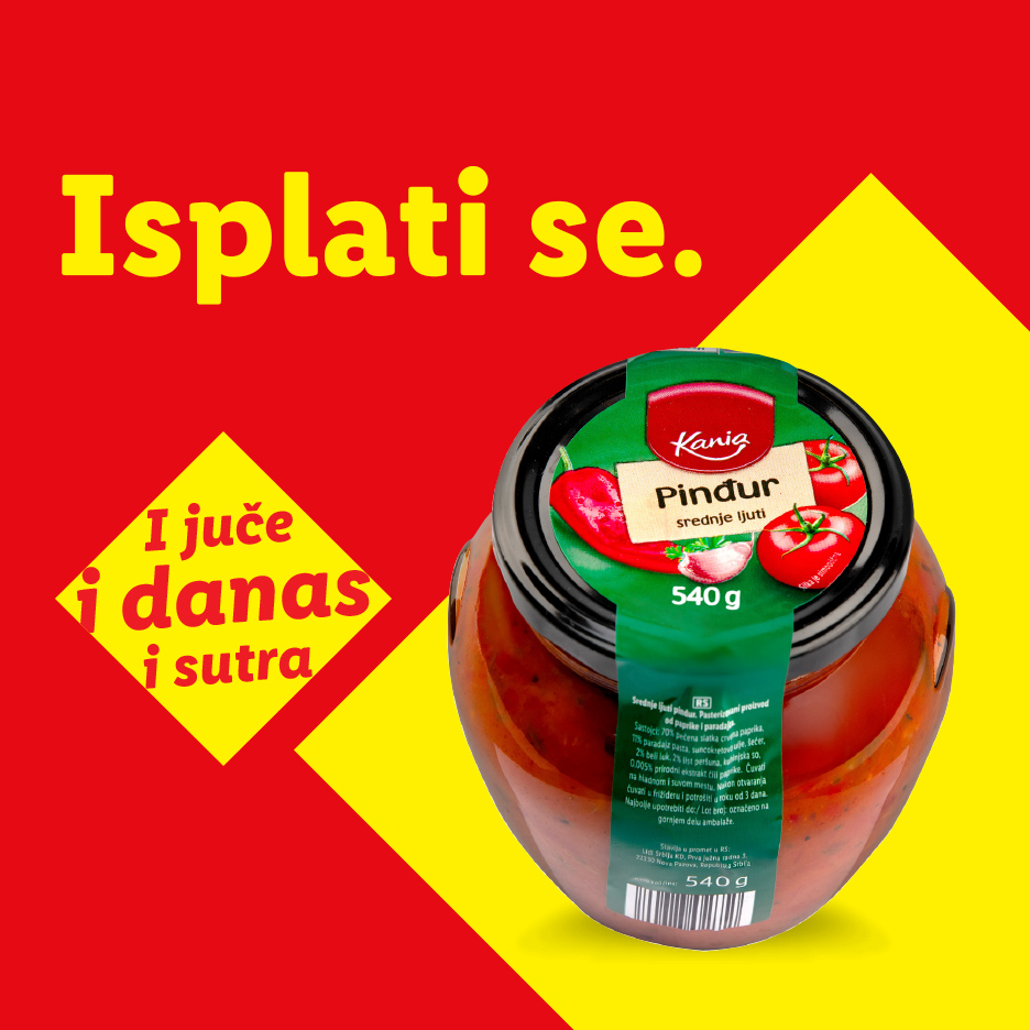 Tegla Kanig Pindur srednje ljutog namaza od paprike i paradajza, sa tekstom „Isplati se. I juče i danas i sutra.“