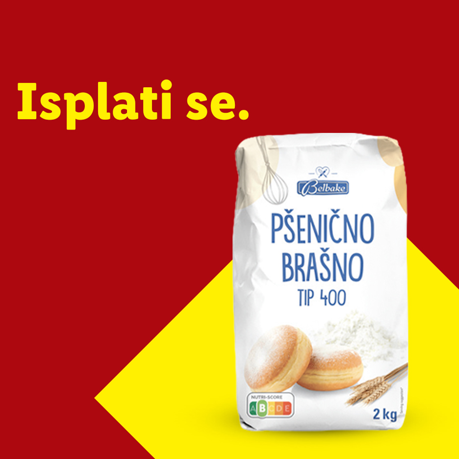 Pakovanje pšeničnog brašna sa natpisom 'Isplati se' na crveno-žutoj pozadini.