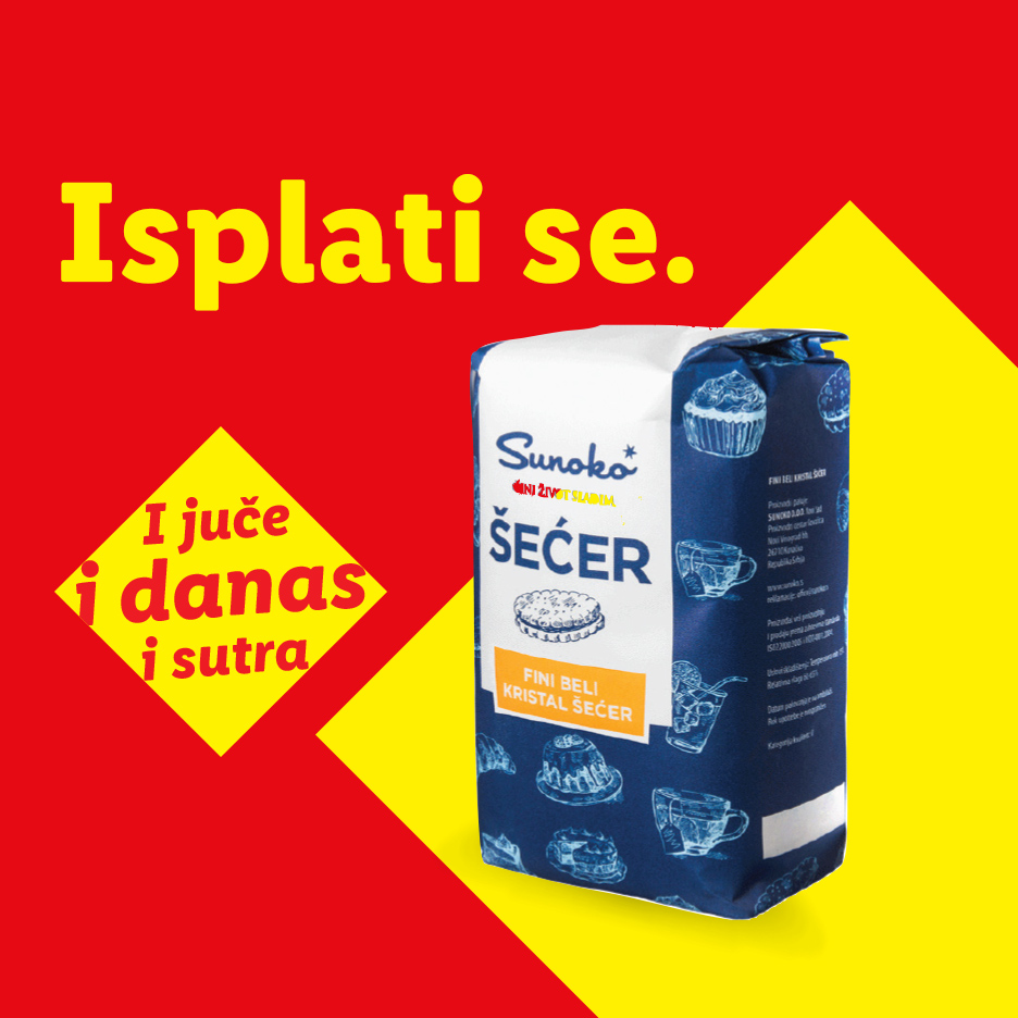 Pakovanje šećera na crveno-žutoj pozadini sa tekstom 'Isplati se. I juče i danas i sutra.'
