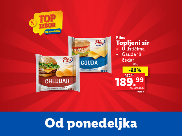 Pilоs topljeni sir (Gauda i Čedar) u listićima, akcija -32%.