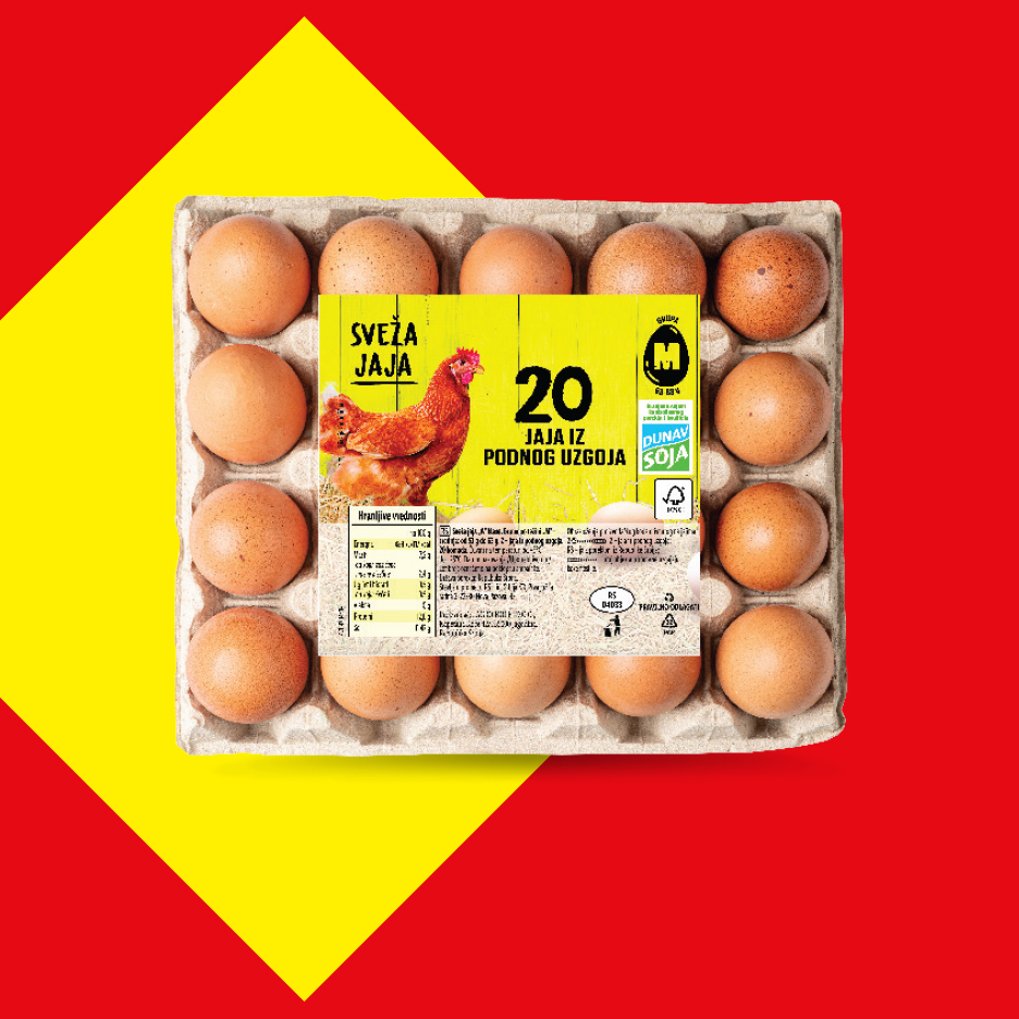 Pakovanje od 20 svežih jaja iz podnog uzgoja, sa informacijama o hranljivim vrednostima.