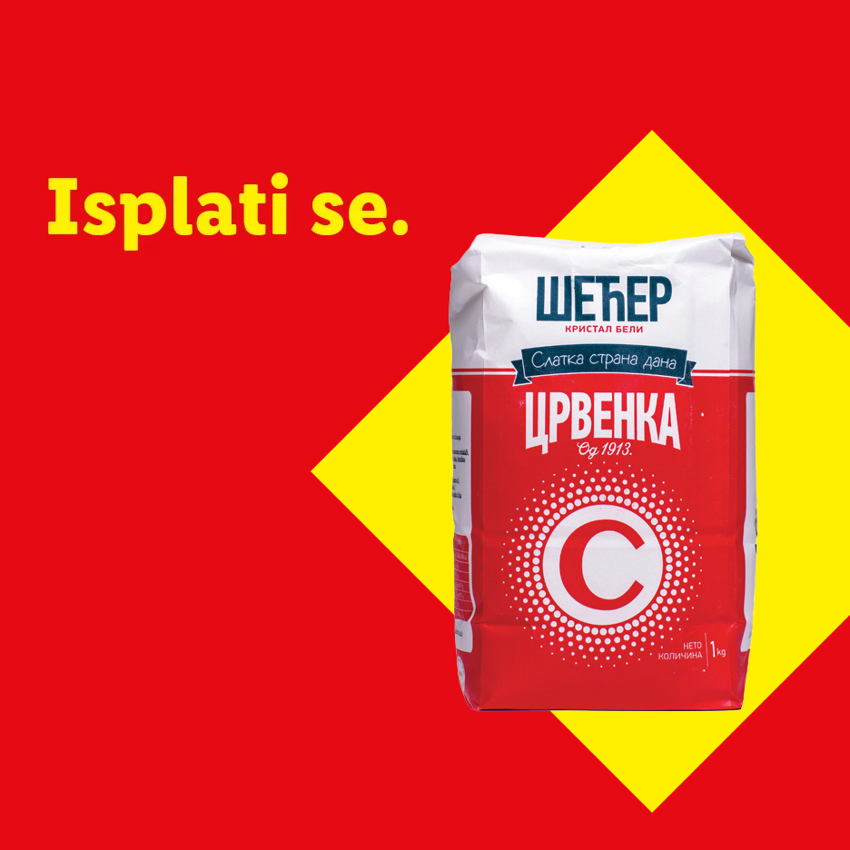 Pakovanje šećera Crvenka na crveno-žutoj pozadini sa tekstom 'Isplati se'.