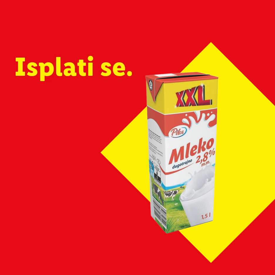 Pilos XXL dugotrajno mleko 2,8% m.m. u pakovanju od 1,5 l, sa natpisom 'Isplati se'.