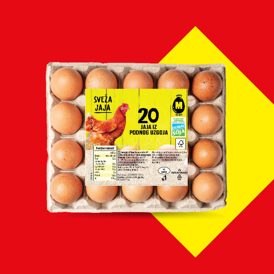 Pakovanje od 20 svežih jaja iz podnog uzgoja, sa informacijama o hranljivim vrednostima.