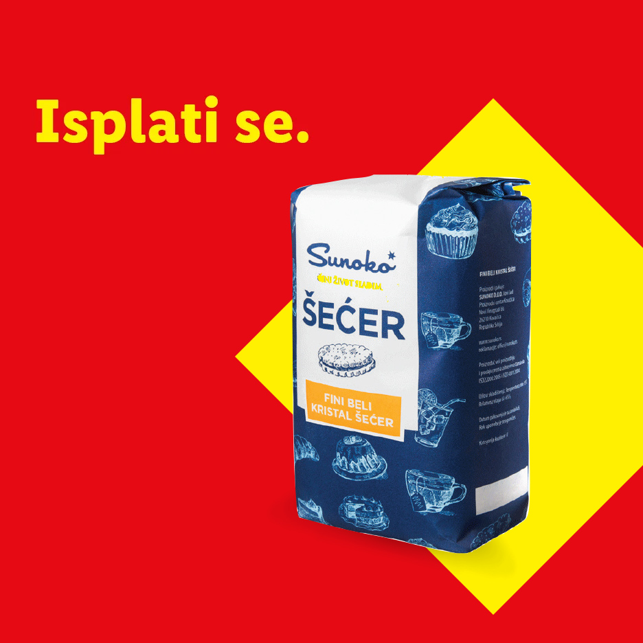 Pakovanje Sunoko šećera na crveno-žutoj pozadini sa tekstom „Isplati se.“