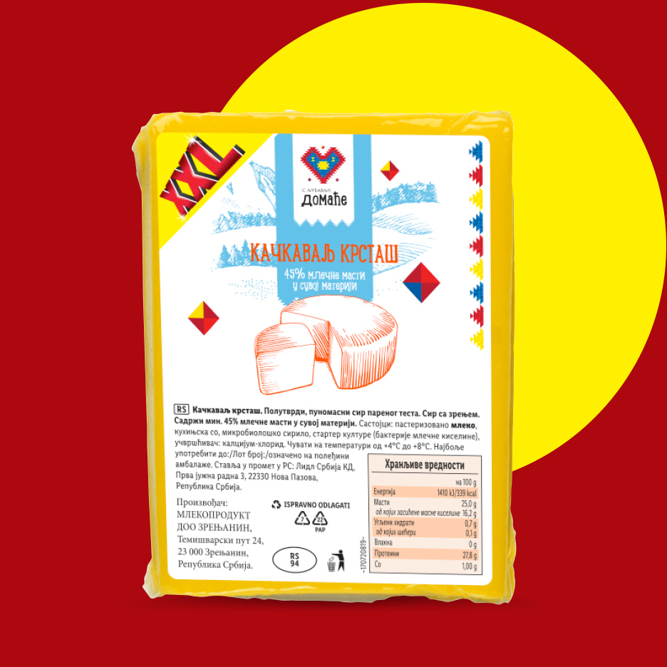 Pakovanje žutog kačkavalja Kristal sa 45% mlečne masti.