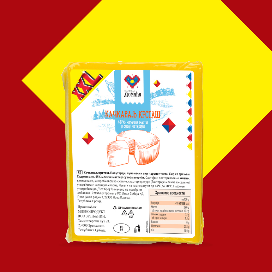 Pakovanje kačkavalja sa natpisom „XXL“ i informacijama o proizvodu i nutritivnim vrednostima.