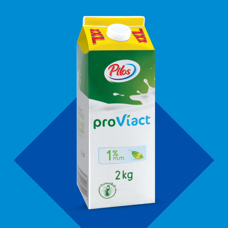 Karton mleka sa natpisom 'proViact', 1% mlečne masti, 2 kg, na plavoj pozadini.