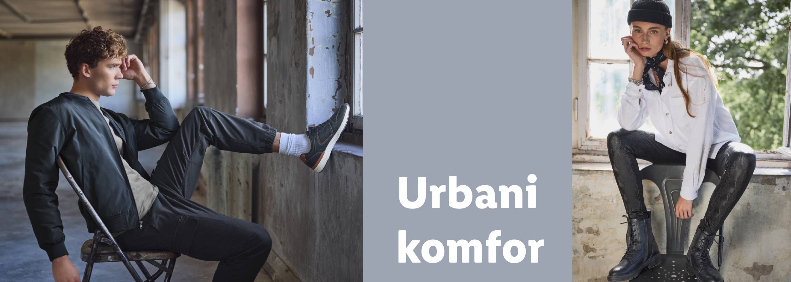 Dvoje ljudi u urbanoj odeći i obući, sa tekstom 'Urbani komfor'.