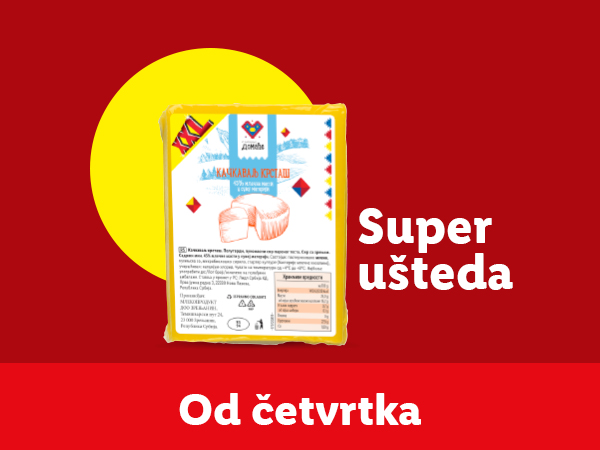 Pakovanje sira sa natpisom 'Super ušteda' i 'Od četvrtka' na crvenoj pozadini.