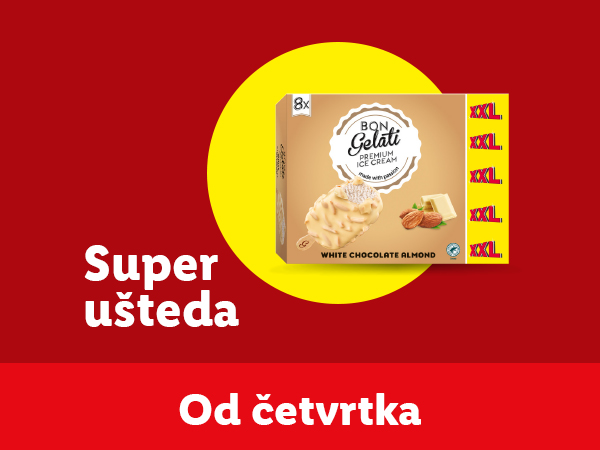 Reklama za Bon Gelati sladoled sa ukusom bele čokolade i badema, sa natpisima 'Super ušteda' i 'Od četvrtka'.